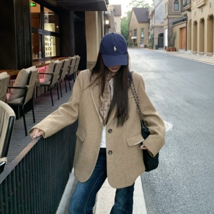 休闲百搭气质西服 外套女秋冬新款 3MER哦哦三妹经典 廓形绵羊毛西装