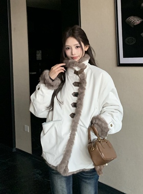 3MER哦哦三妹 两面穿立领毛毛外套女冬季保暖短款派克服环保皮草