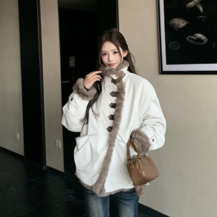 3MER哦哦三妹 两面穿立领毛毛外套女冬季保暖短款派克服环保皮草