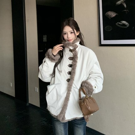 3MER哦哦三妹 两面穿立领毛毛外套女冬季保暖短款派克服环保皮草