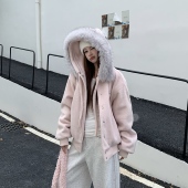 3MER哦哦三妹 蝴蝶结绑带大毛领粉色连帽外套女秋冬夹棉毛呢上衣