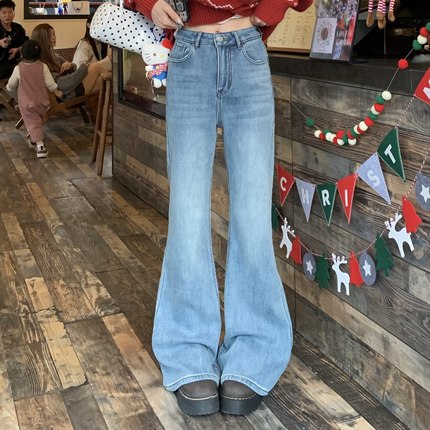 3MER哦哦三妹 加绒微喇叭牛仔裤女冬季新款宽松垂感拖地喇叭裤子