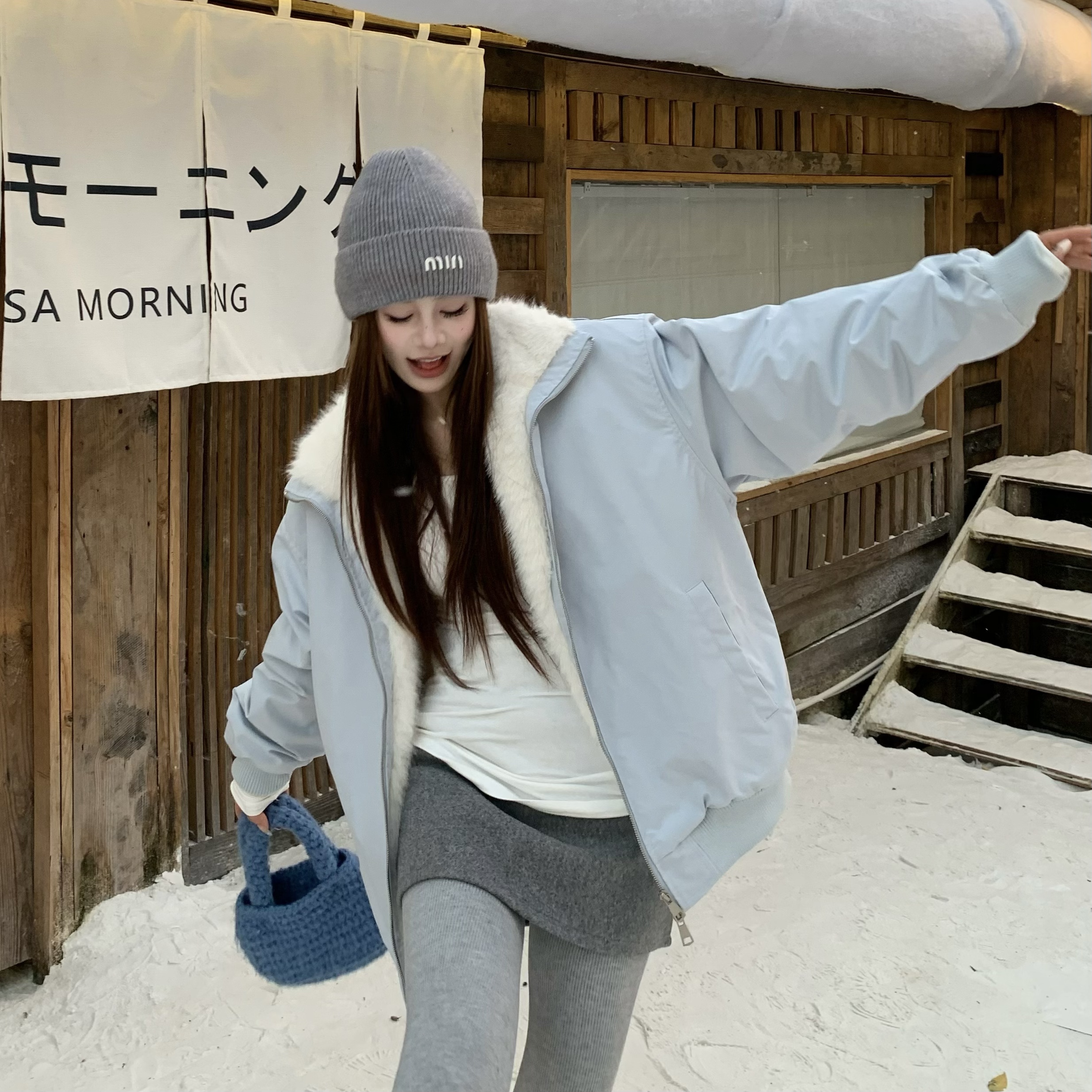 3MER立领仿兔毛座山雕棉服外套