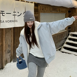3MER哦哦三妹 韩系慵懒风仿兔毛立领棉服外套女冬季保暖加厚棉衣