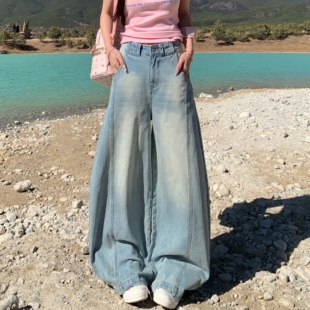 阔腿裤 宽松显瘦休闲镰刀裤 子 女美式 3MER哦哦三妹浅蓝色弯刀牛仔裤