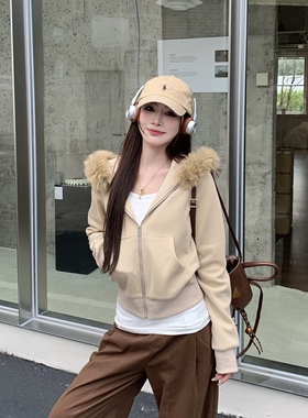 3MER哦哦三妹美式复古可拆卸毛领连帽卫衣女秋冬加绒显瘦开衫外套