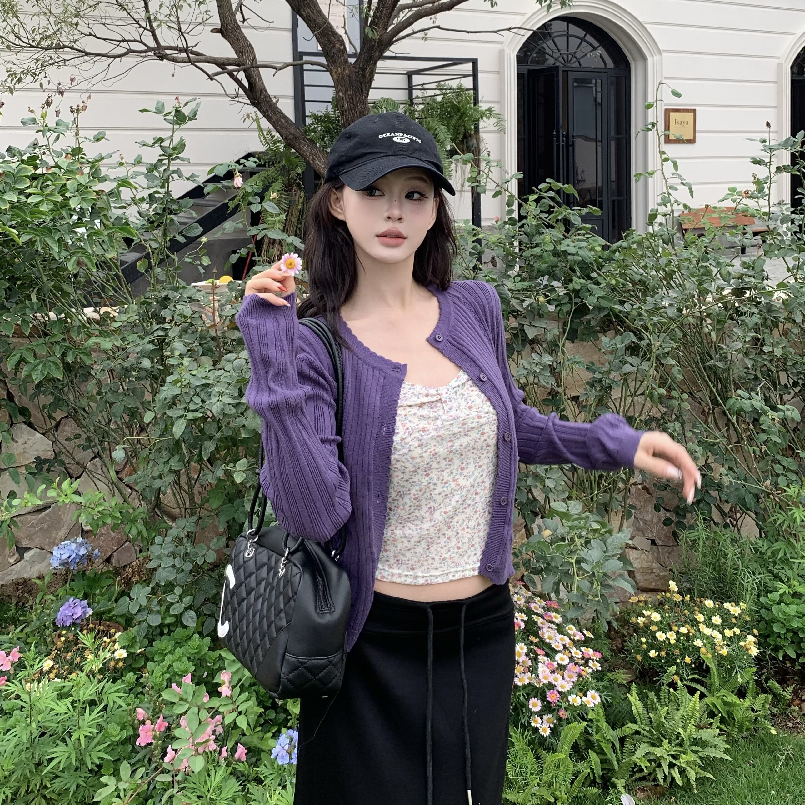 3MER哦哦三妹紫色针织开衫女韩系甜辣毛衣外套碎花吊带背心两件套