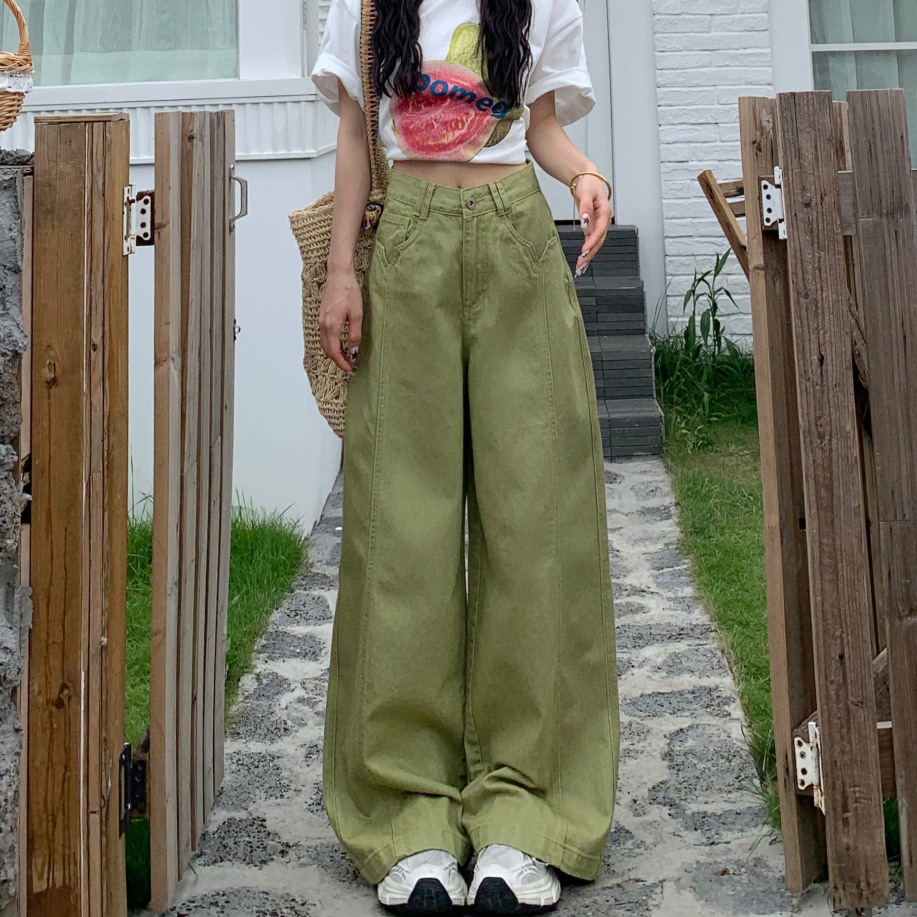 3MER夏日感牛油果绿阔腿牛仔裤