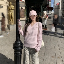 3MER哦哦三妹 慵懒风粉色V领针织麻花毛衣女秋冬内搭长袖套头上衣