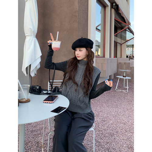 3MER韩女高领排扣毛衣马甲