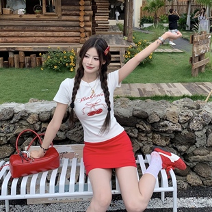 显瘦短上衣 3MER哦哦三妹 甜美樱桃印花正肩短袖 T恤女夏季 韩系修身