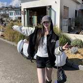 3MER哦哦三妹泡珠字母拼皮棒球服外套女2025秋冬新款 夹克飞行服