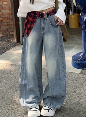 3MER哦哦三妹美式高街格子腰带蓝色水洗牛仔裤女春季阔腿弯刀裤子