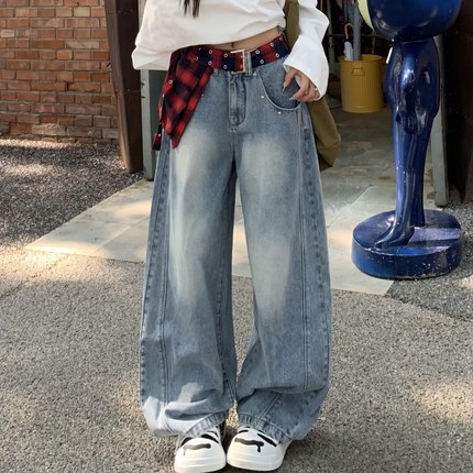 3MER哦哦三妹美式高街格子腰带水洗牛仔裤女cleanfit阔腿弯刀裤子