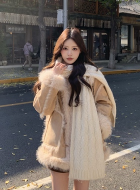 3MER哦哦三妹 麂皮绒皮毛一体毛毛外套女冬季保暖加厚羊羔毛大衣