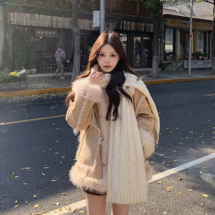 3MER哦哦三妹 麂皮绒皮毛一体毛毛外套女冬季保暖加厚羊羔毛大衣