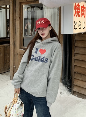 3MER哦哦三妹美式字母印花灰色加绒连帽卫衣女秋冬慵懒风长袖上衣
