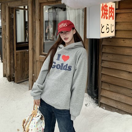 3MER哦哦三妹美式字母印花灰色加绒连帽卫衣女秋冬慵懒风长袖上衣