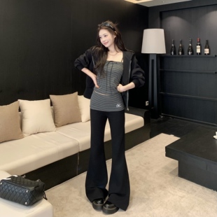 卫衣外套女三件套 微喇裤 3MER哦哦三妹韩系显瘦套装 条纹抹胸吊带