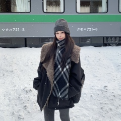 3MER哦哦三妹韩系大翻领中长款毛毛外套女冬季保暖加厚工装派克服