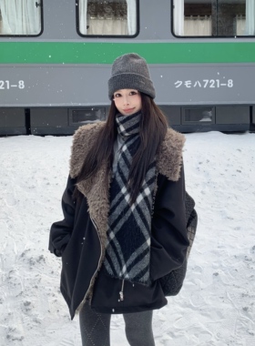 3MER哦哦三妹韩系大翻领中长款毛毛外套女冬季保暖加厚工装派克服