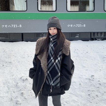 3MER哦哦三妹韩系大翻领中长款毛毛外套女冬季保暖加厚工装派克服