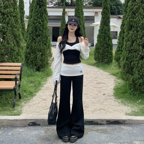 3MER韩女撞色假两件显瘦套装
