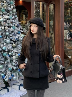 3MER哦哦三妹 智秀感千金风立领夹棉毛呢外套女冬季气质半裙套装