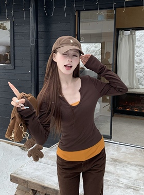 3MER哦哦三妹 美式假两件加绒内搭打底衫女秋冬季显瘦长袖T恤上衣
