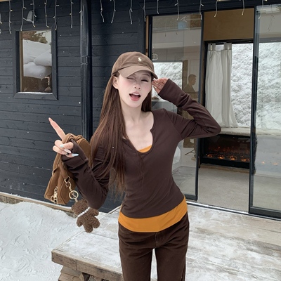 3MER假两件撞色磨毛百搭长袖打底