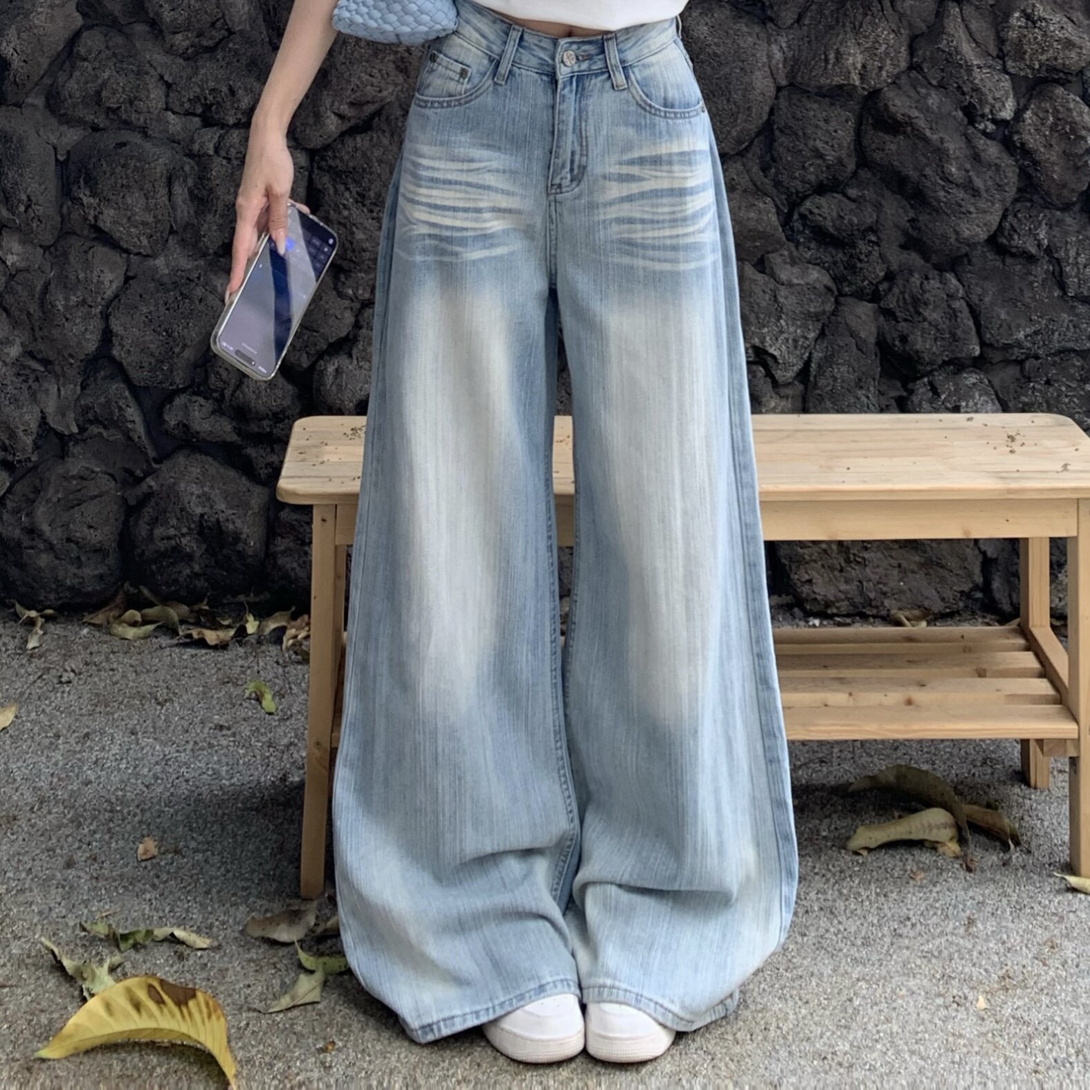 3MER哦哦三妹复古水洗蓝色铆钉牛仔裤女春季宽松显瘦拖地阔腿裤子