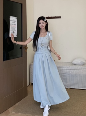 3MER哦哦三妹 假两件圆领短袖连衣裙女夏收腰显瘦气质腰带长裙子