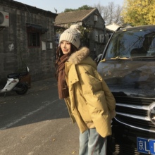 3MER哦哦三妹90白鸭绒PU皮连帽毛领羽绒服女冬季新款保暖黄色外套