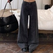 3MER哦哦三妹韩系复古豹纹牛仔裤 女秋冬时髦显瘦垂感休闲阔腿裤 子