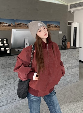 3MER哦哦三妹美式复古皮衣棒球服外套女秋冬新款宽松休闲立领夹克