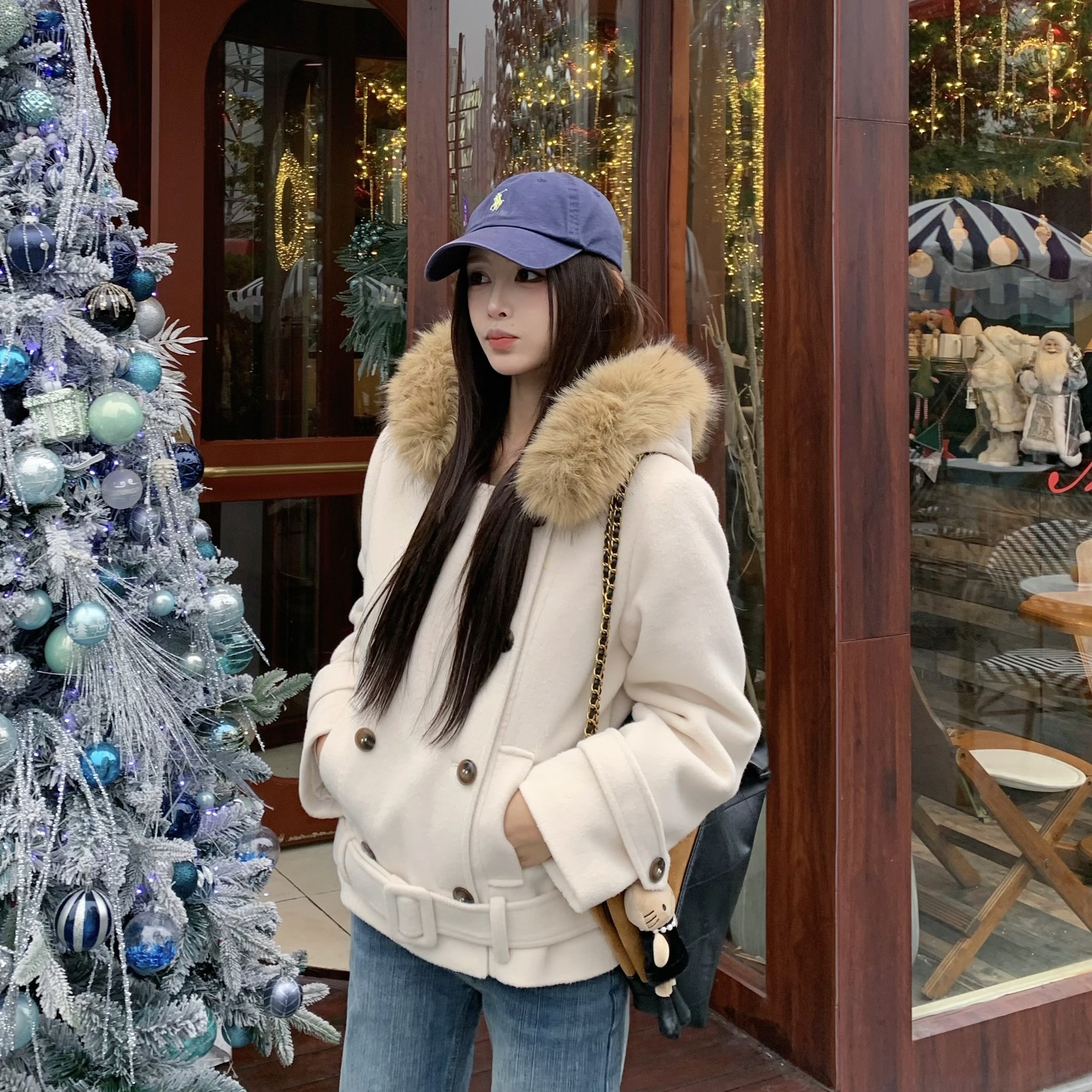 3MER哦哦三妹韩系双排扣呢子大衣女秋冬短款收腰毛领连帽毛呢外套,女装/女士精品,毛呢外套,淘宝优惠券,粉丝福利购,淘宝优惠卷