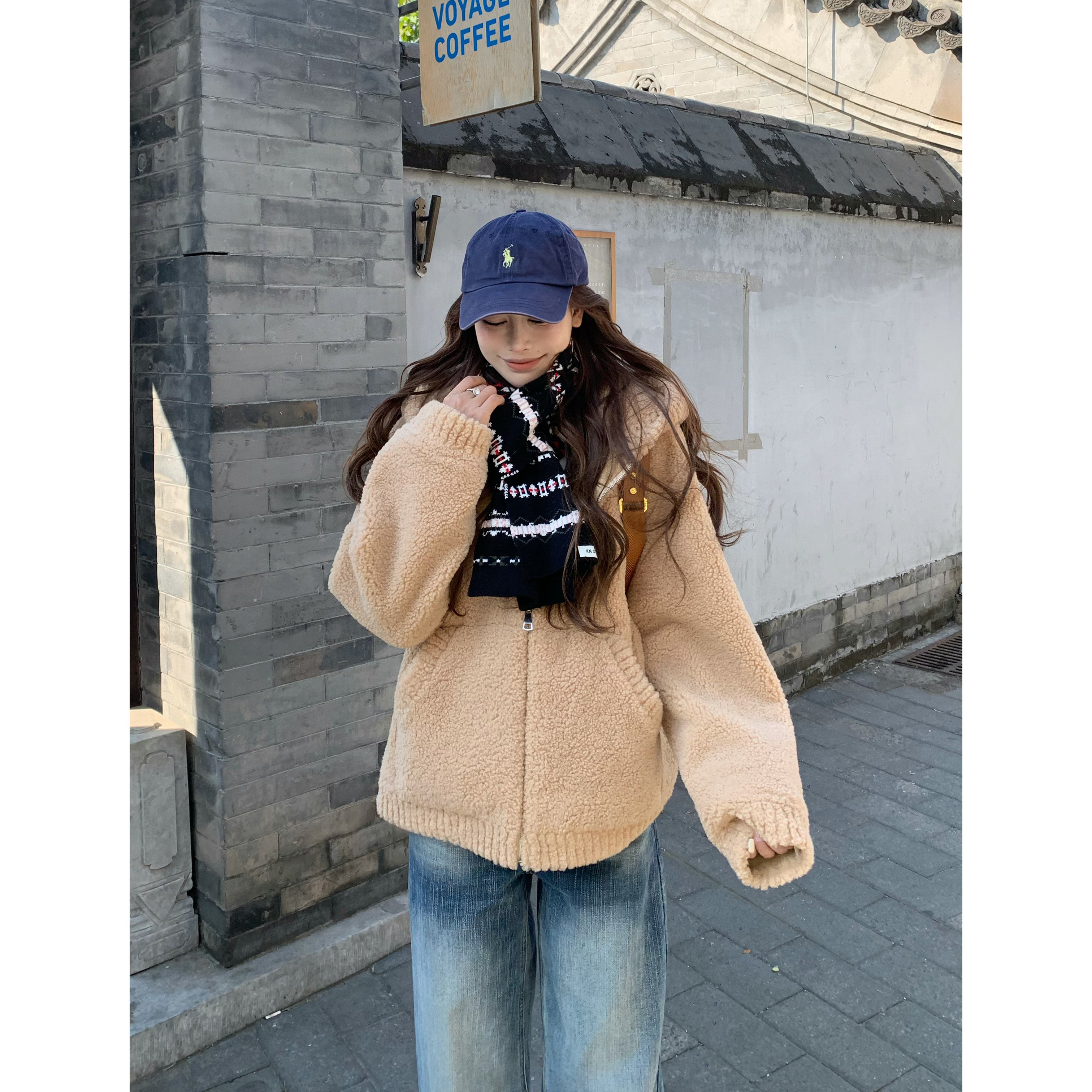 3MER哦哦三妹韩系慵懒羊羔绒短款连帽外套女冬季保暖加厚毛毛上衣