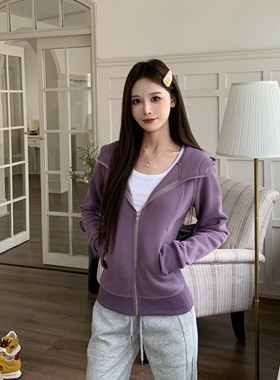 3MER哦哦三妹紫色连帽卫衣女2025秋冬新款修身显瘦拉链开衫短外套