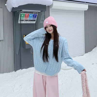 3MER韩女麻花扭绳开衫毛衣