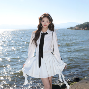 3MER哦哦三妹 初恋白月光长袖衬衫连衣裙女韩系学院风收腰短裙子