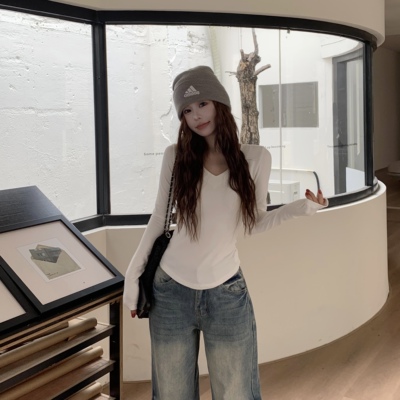 3MER显瘦V领收腰百搭长袖打底