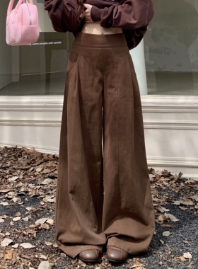 3MER哦哦三妹韩系慵懒咖色休闲裤女2026春夏新款宽松加绒阔腿裤子