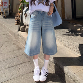 子 女春夏宽松显瘦直筒短裤 3MER哦哦三妹美式 阔腿浅蓝色七分牛仔裤