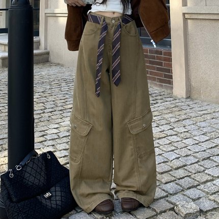 3MER哦哦三妹重工水洗工装牛仔裤女秋季新款美式复古休闲阔腿裤子