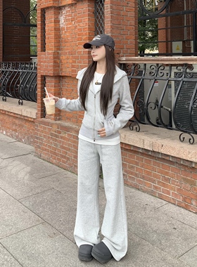 3MER哦哦三妹lulu加绒显瘦运动连帽开衫卫衣长裤套装女修身两件套