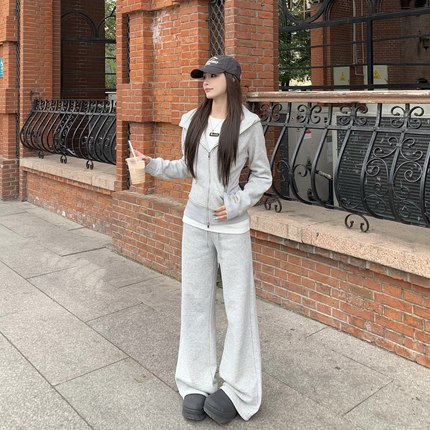 3MER哦哦三妹lulu加绒显瘦运动连帽开衫卫衣长裤套装女修身两件套