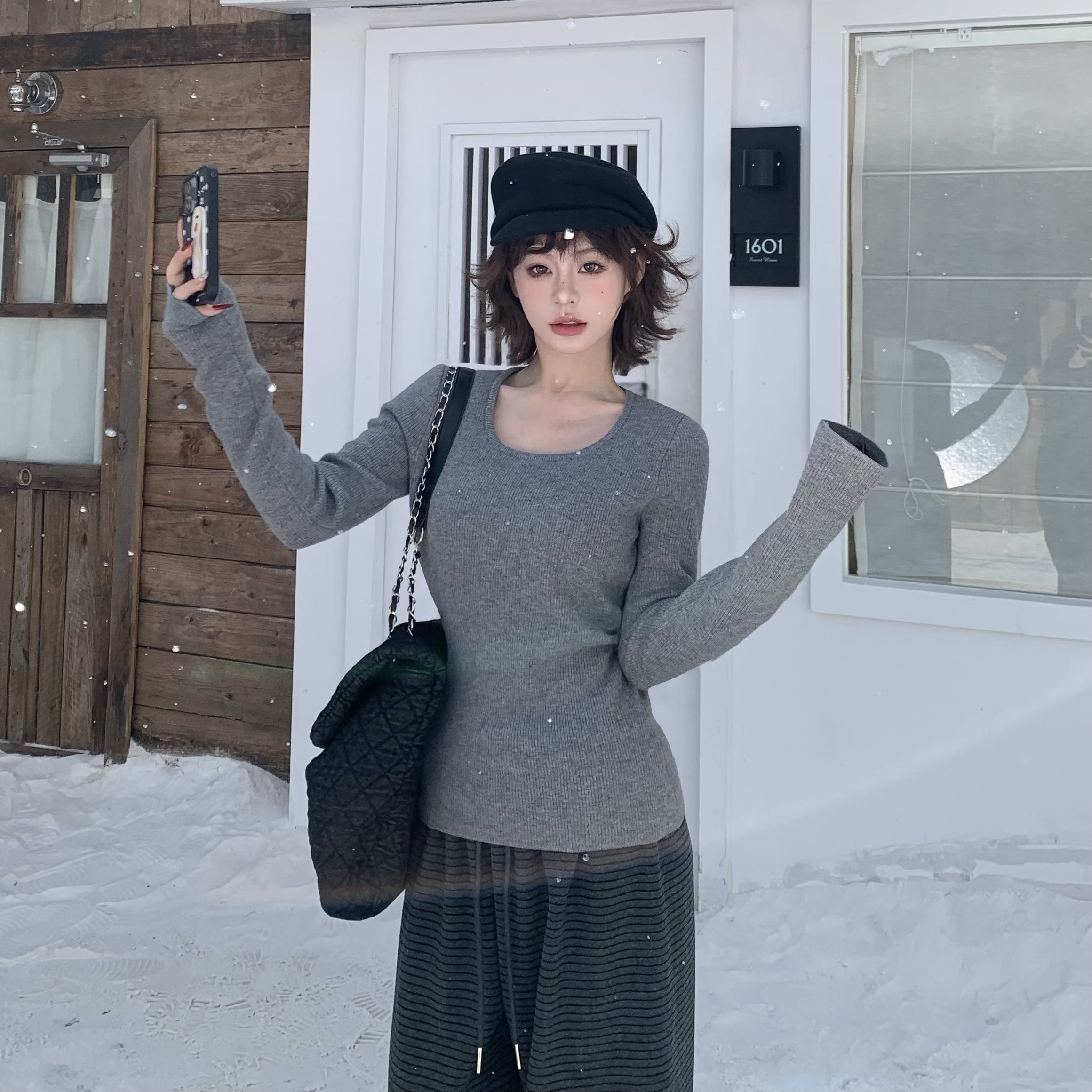 3MER方圆领加绒百搭毛衣长袖打底