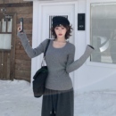 内搭针织打底衫 修身 上衣 方圆领加绒毛衣女秋冬长袖 3MER哦哦三妹