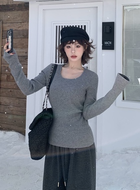 3MER哦哦三妹 方圆领加绒毛衣女秋冬长袖修身内搭针织打底衫上衣