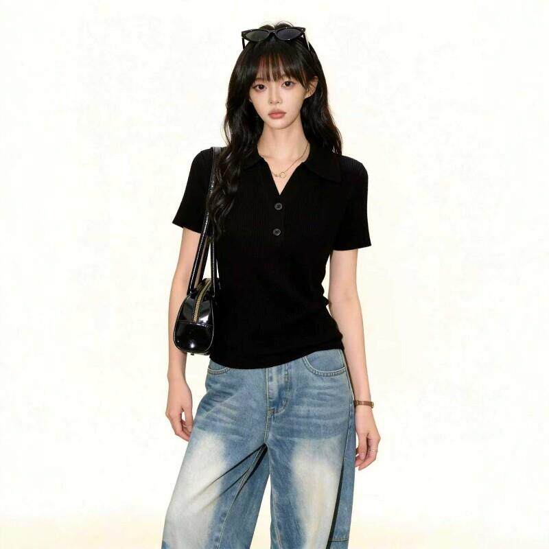黑色翻领短袖t恤女2026春夏新款小个子设计感正肩针织polo衫上衣